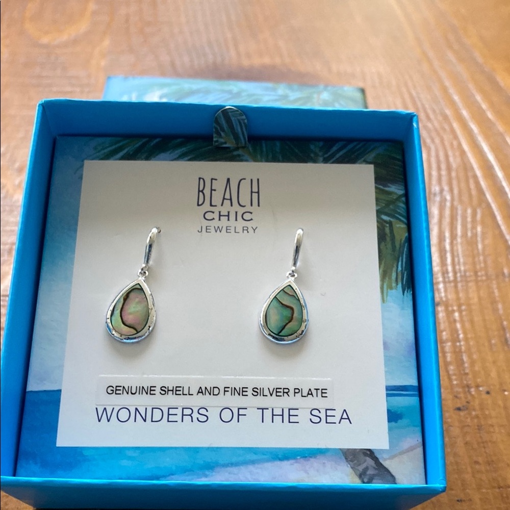 NWOT Beach Chic Genuine shell and Fine Silver Plate Earrings. Abalone shell.